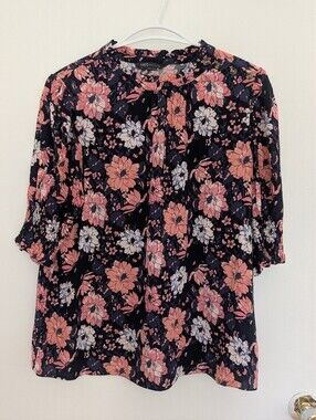 Pink Blue Floral Boho Blouse High Neck Smocked Cuffs Romantic Cottagecore US 12